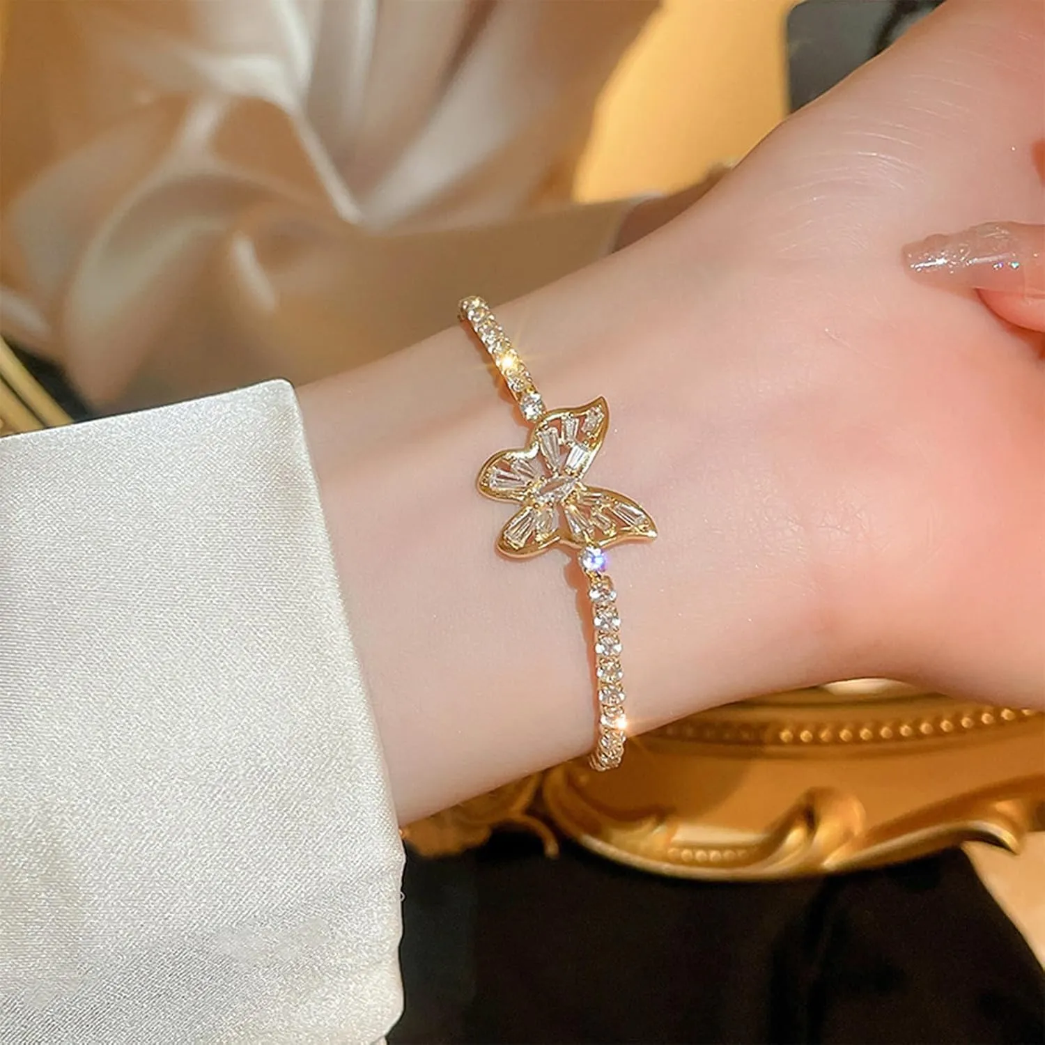 2PCS Tennis Bracelet Dainty Gold Tennis Bracelets Adjustable Silver Rhinestone Bracelets for Women Gifts for Christmas Prom Jewelry Stocking Stuffers