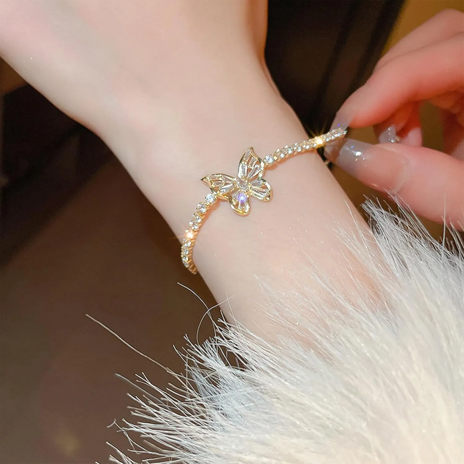 2PCS Tennis Bracelet Dainty Gold Tennis Bracelets Adjustable Silver Rhinestone Bracelets for Women Gifts for Christmas Prom Jewelry Stocking Stuffers