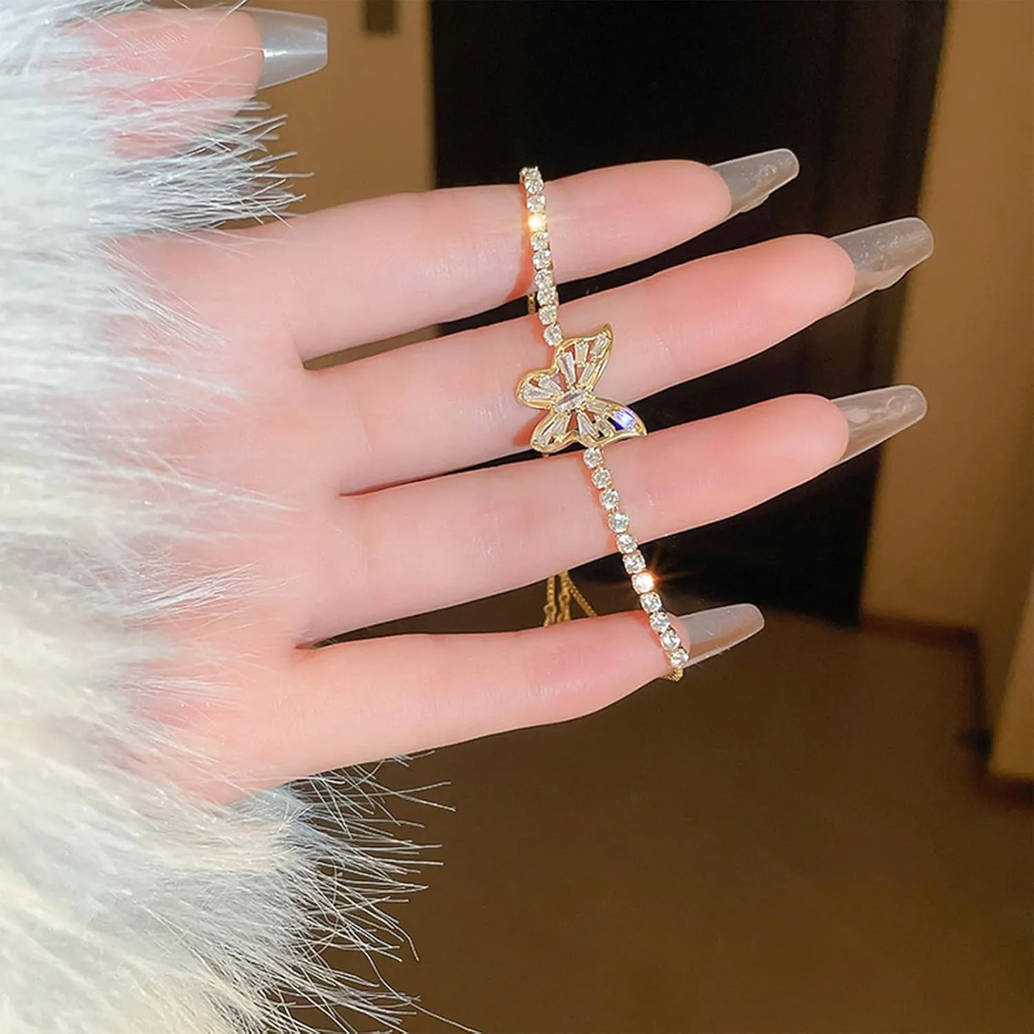 2PCS Tennis Bracelet Dainty Gold Tennis Bracelets Adjustable Silver Rhinestone Bracelets for Women Gifts for Christmas Prom Jewelry Stocking Stuffers
