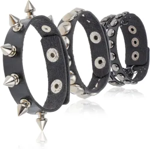 3 Pieces Black Leather Studded Punk Bracelet for Men Women 80s90s Gothic Spike Bracelets Rivet Cuff Leather Wristband Adjustable Punk Rock Bracelet with Metal Studded for Halloween Party Accessories