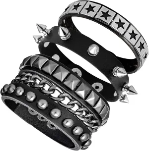 3 Pieces Punk Rock Leather Bracelets for Women Pop 80s 90s Emo Jewelry Accessories Retro Spiked Adjustable Wrap Wrist Cuffs