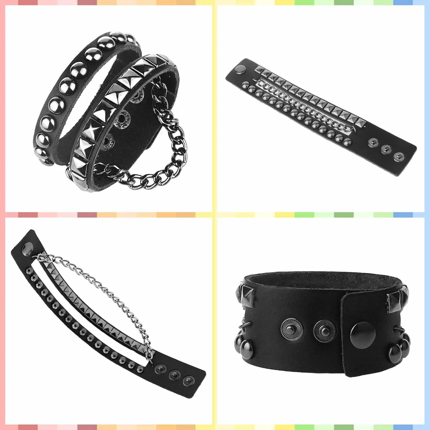 3 Pieces Punk Rock Leather Bracelets for Women Pop 80s 90s Emo Jewelry Accessories Retro Spiked Adjustable Wrap Wrist Cuffs