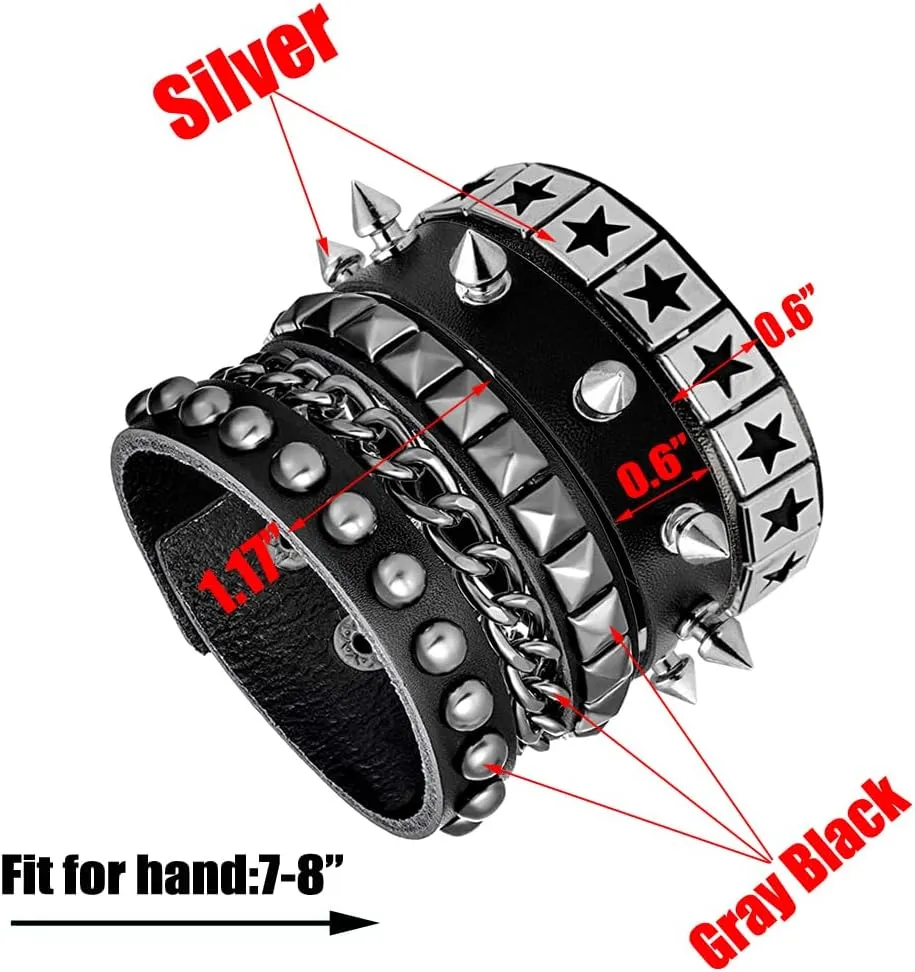 3 Pieces Punk Rock Leather Bracelets for Women Pop 80s 90s Emo Jewelry Accessories Retro Spiked Adjustable Wrap Wrist Cuffs