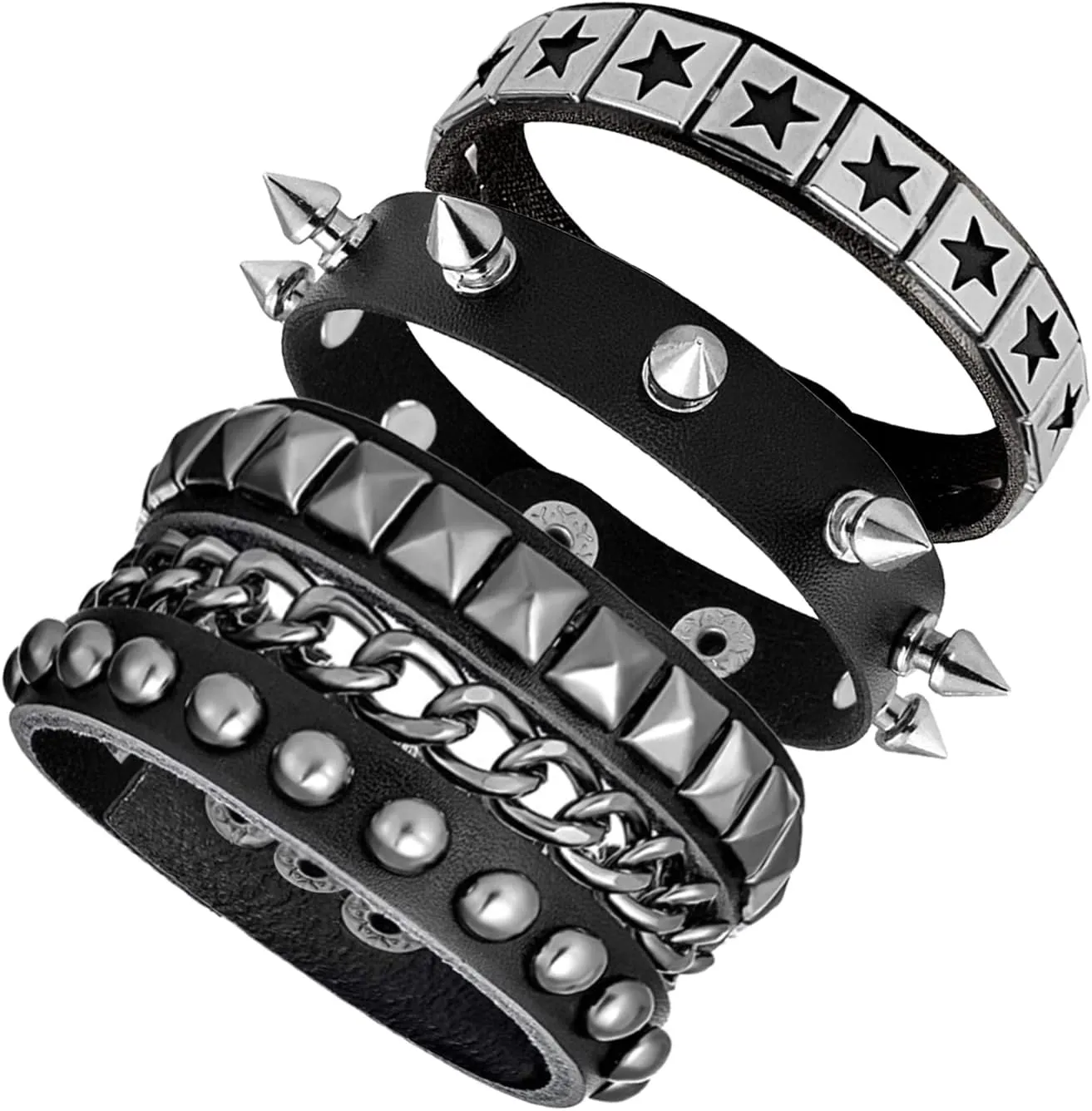 3 Pieces Punk Rock Leather Bracelets for Women Pop 80s 90s Emo Jewelry Accessories Retro Spiked Adjustable Wrap Wrist Cuffs