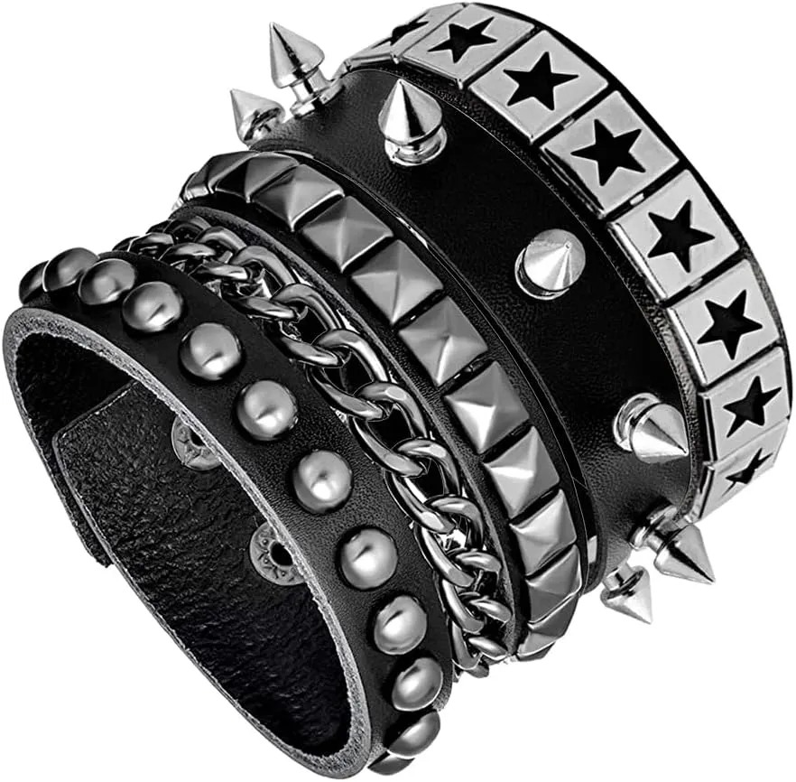 3 Pieces Punk Rock Leather Bracelets for Women Pop 80s 90s Emo Jewelry Accessories Retro Spiked Adjustable Wrap Wrist Cuffs