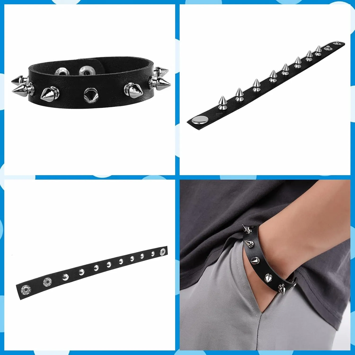3 Pieces Punk Rock Leather Bracelets for Women Pop 80s 90s Emo Jewelry Accessories Retro Spiked Adjustable Wrap Wrist Cuffs