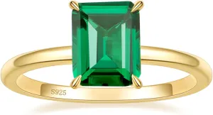 3CT 925 Sterling Silver Engagement Rings for Women Solitaire Created Green Emerald Simple Wedding Band Promise Rings for Her Size 4-11