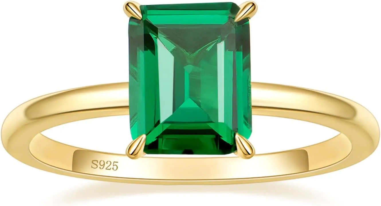 3CT 925 Sterling Silver Engagement Rings for Women Solitaire Created Green Emerald Simple Wedding Band Promise Rings for Her Size 4-11