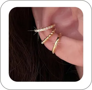 3pcs Simple Ear Cuff Non-Piercing 14k Gold Plated Ear Cartilage Clip On Ring Hypoallergenic Earrings Bohemian Delicate Minimalist Huggie Cuff Earrings for Women Girls Men, Zinc, Gemstones Free