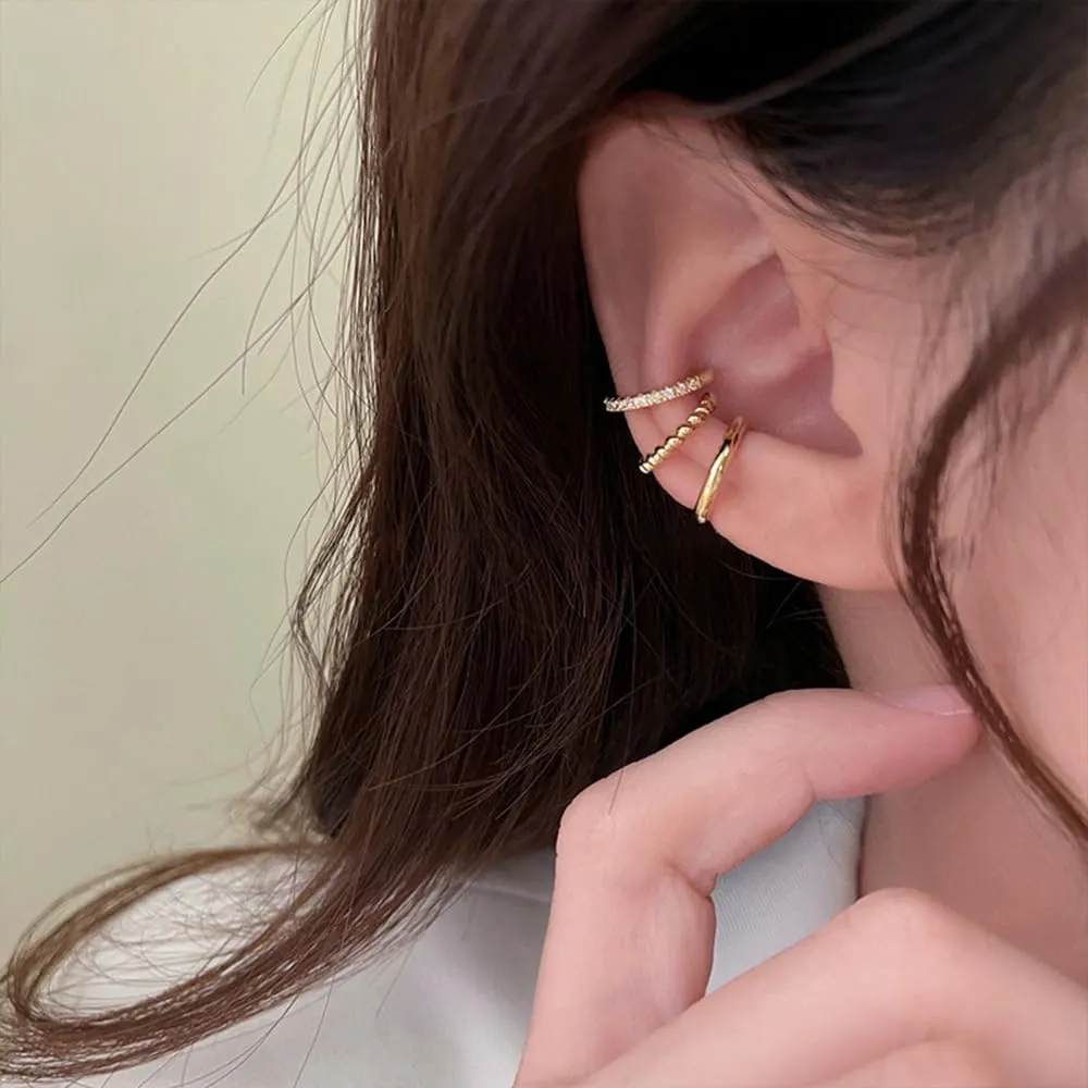 3pcs Simple Ear Cuff Non-Piercing 14k Gold Plated Ear Cartilage Clip On Ring Hypoallergenic Earrings Bohemian Delicate Minimalist Huggie Cuff Earrings for Women Girls Men, Zinc, Gemstones Free