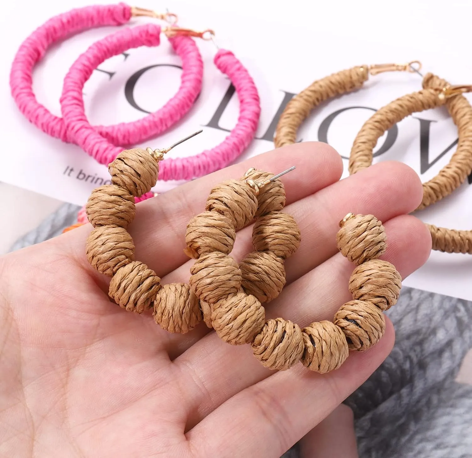 4 Pairs Rattan Earrings Hand Woven Geometric Statement Hoop Straw Wicker Braid Earrings Summer Beach Bohemian Drop Dangle Earrings for Women
