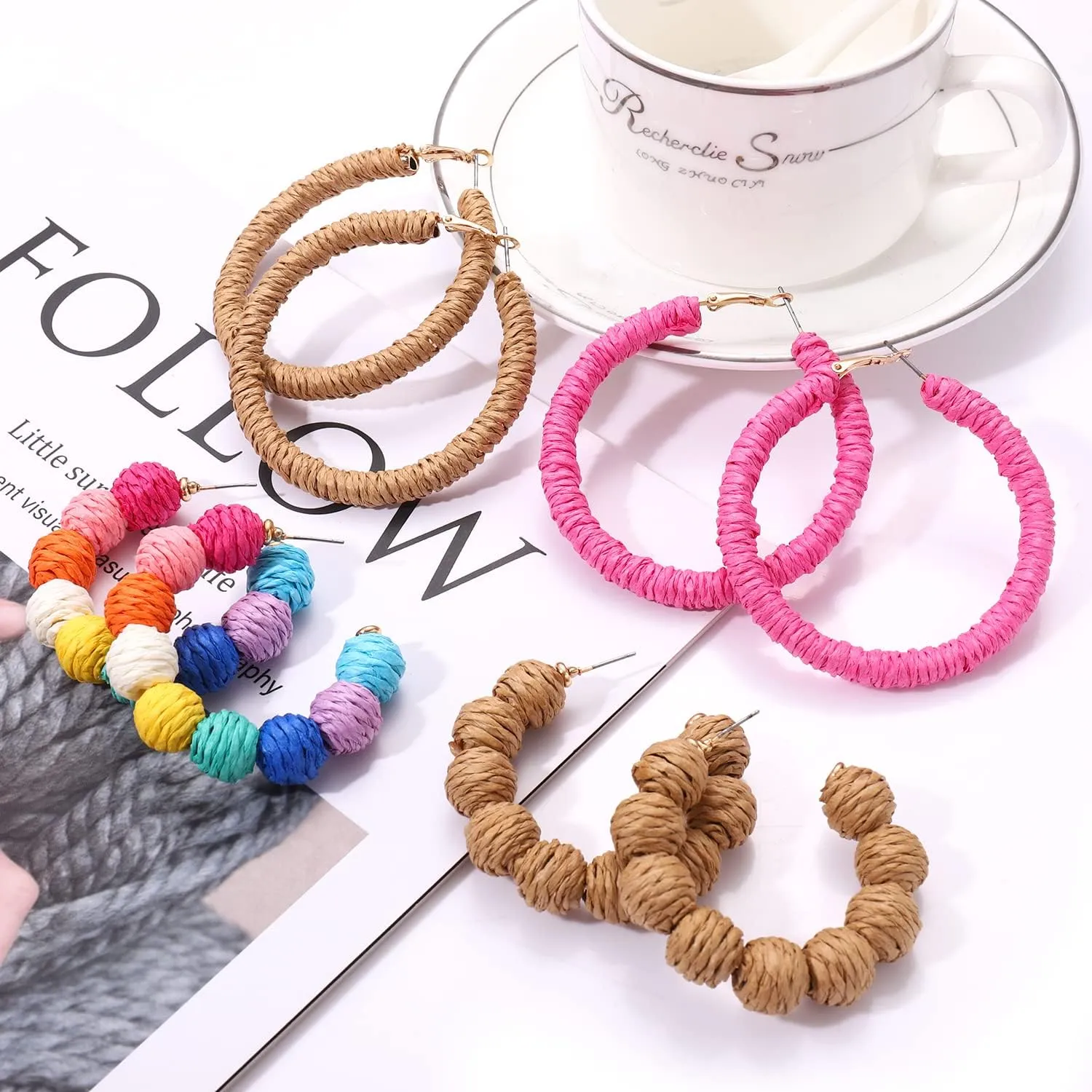 4 Pairs Rattan Earrings Hand Woven Geometric Statement Hoop Straw Wicker Braid Earrings Summer Beach Bohemian Drop Dangle Earrings for Women