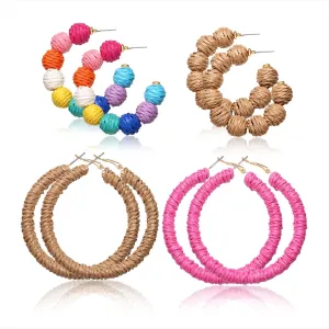 4 Pairs Rattan Earrings Hand Woven Geometric Statement Hoop Straw Wicker Braid Earrings Summer Beach Bohemian Drop Dangle Earrings for Women