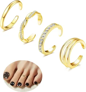 4PCS 14K Gold Plated Toe Rings, White Gold Plated Toe Rings for Women Hug CZ Triple Twist Simple Band Open Toe Rings Beach Foot Jewelry Adjustable