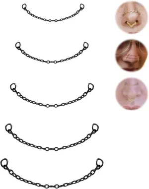 5Pcs Surgical Steel Across Top Nose Rings Chain for Women Nose Studs Nostril Chain for Women Men Chain Nose Piercing Jewelry Black, Gold, Silver