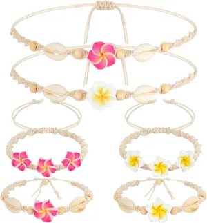 6 Pcs Hawaiian Hibiscus Bracelets for Women Plumeria Bracelet Hibiscus Jewelry Pink White Flower Tropical Boho Tween Girl Party Favors Hawaiian Bangles Adjustable Beach Anklet Accessories for Women