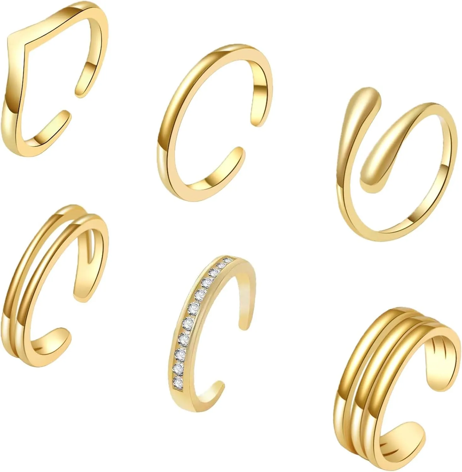 6PCS Toe Rings for Women 18K Gold Silver Toe Ring Set Adjustable Non Tarnish Band Simple Beach Foot Jewelry for Summer