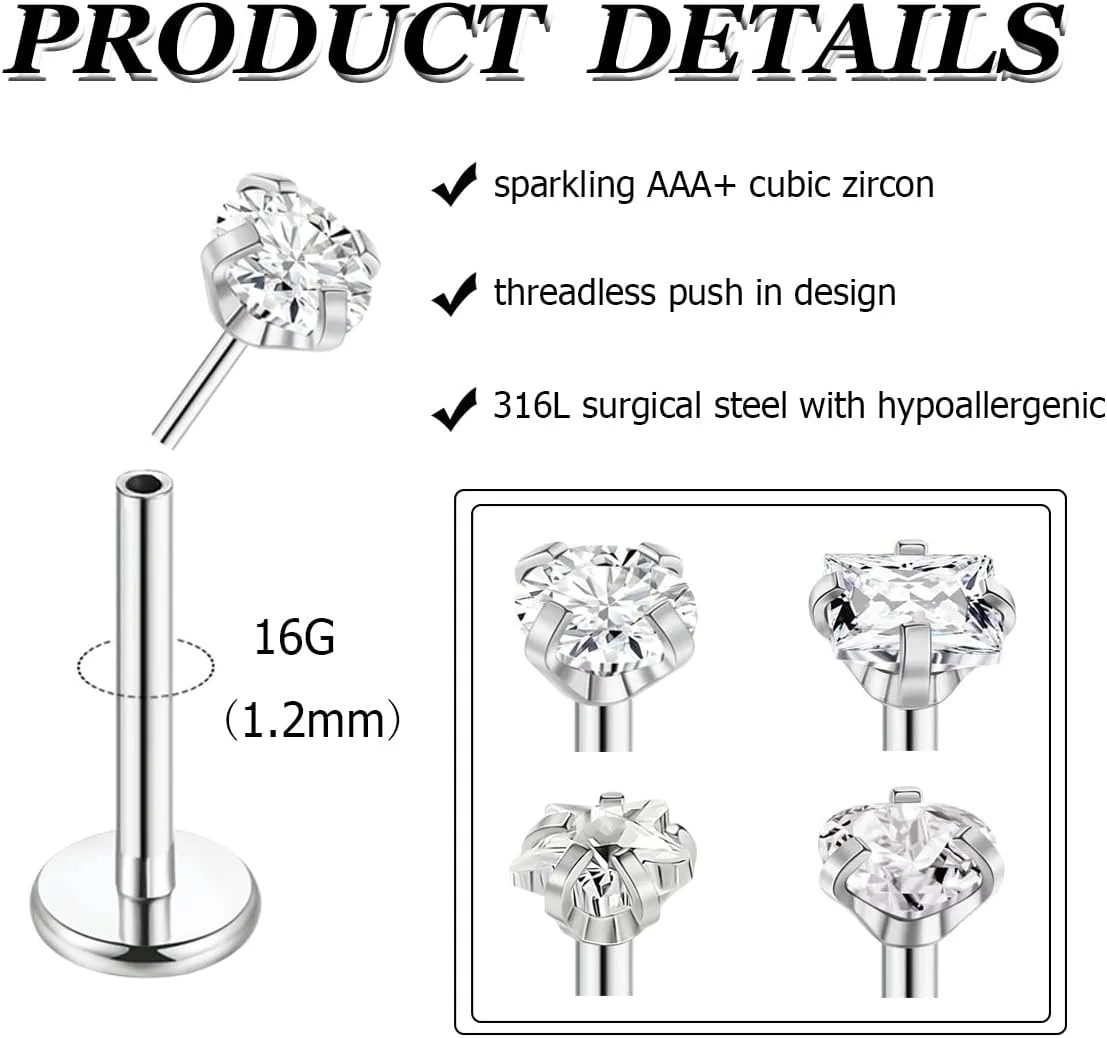 8Pcs 16-20G Stainless Steel Threadless Push in Nose Rings Studs for Women CZ Tragus Earring Set Labret Monroe Medusa Piercing Lip Ring Cartilage Tragus Helix Studs