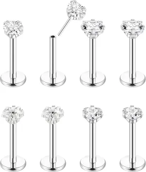 8Pcs 16-20G Stainless Steel Threadless Push in Nose Rings Studs for Women CZ Tragus Earring Set Labret Monroe Medusa Piercing Lip Ring Cartilage Tragus Helix Studs
