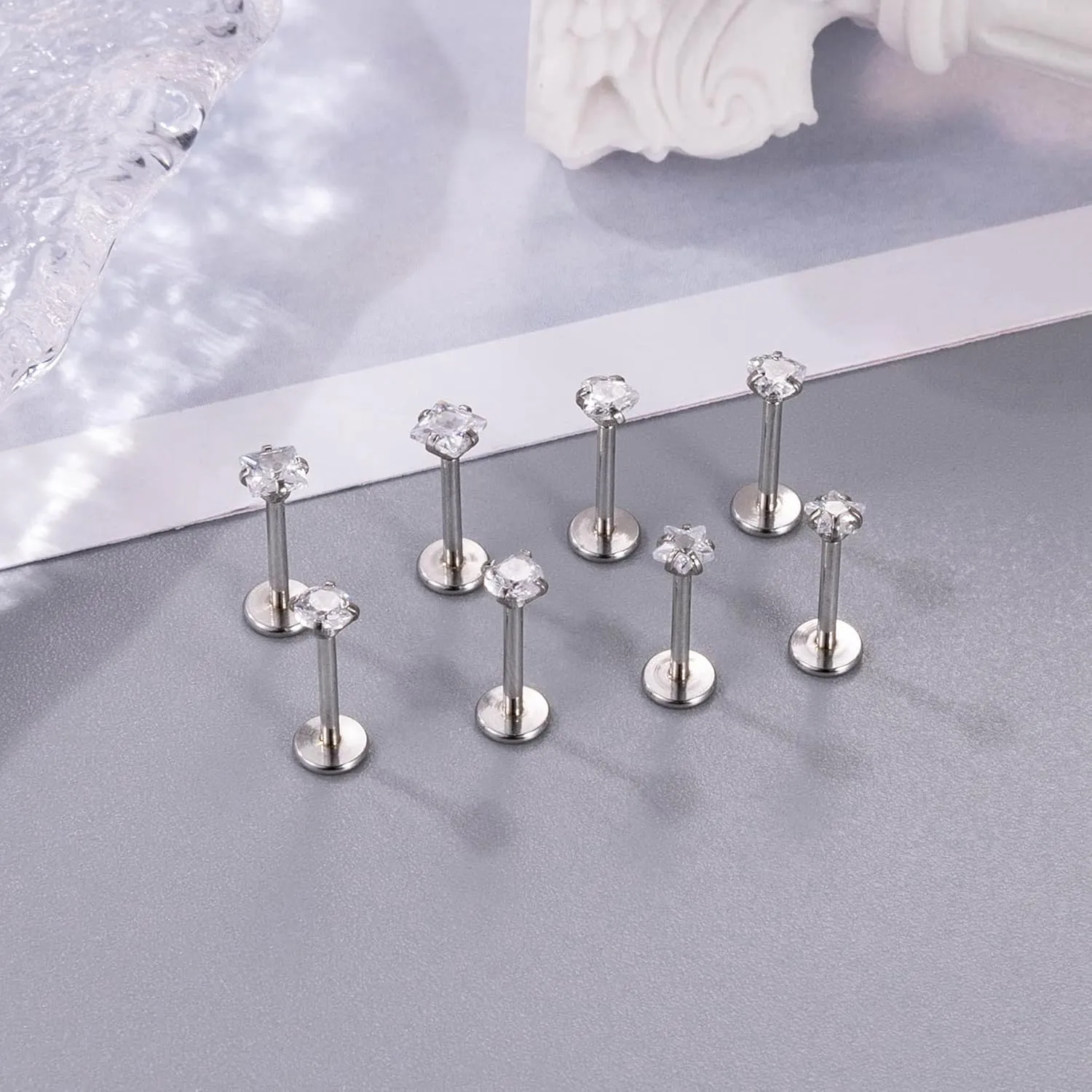 8Pcs 16-20G Stainless Steel Threadless Push in Nose Rings Studs for Women CZ Tragus Earring Set Labret Monroe Medusa Piercing Lip Ring Cartilage Tragus Helix Studs