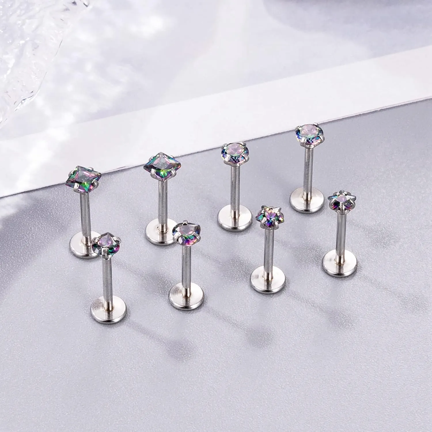 8Pcs 16-20G Stainless Steel Threadless Push in Nose Rings Studs for Women CZ Tragus Earring Set Labret Monroe Medusa Piercing Lip Ring Cartilage Tragus Helix Studs