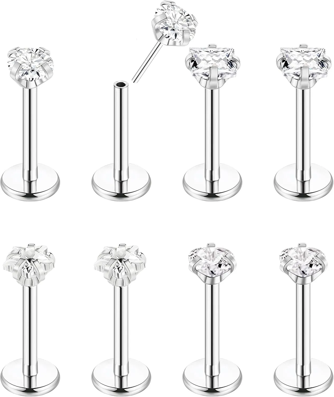 8Pcs 16-20G Stainless Steel Threadless Push in Nose Rings Studs for Women CZ Tragus Earring Set Labret Monroe Medusa Piercing Lip Ring Cartilage Tragus Helix Studs