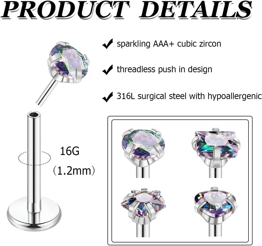 8Pcs 16-20G Stainless Steel Threadless Push in Nose Rings Studs for Women CZ Tragus Earring Set Labret Monroe Medusa Piercing Lip Ring Cartilage Tragus Helix Studs