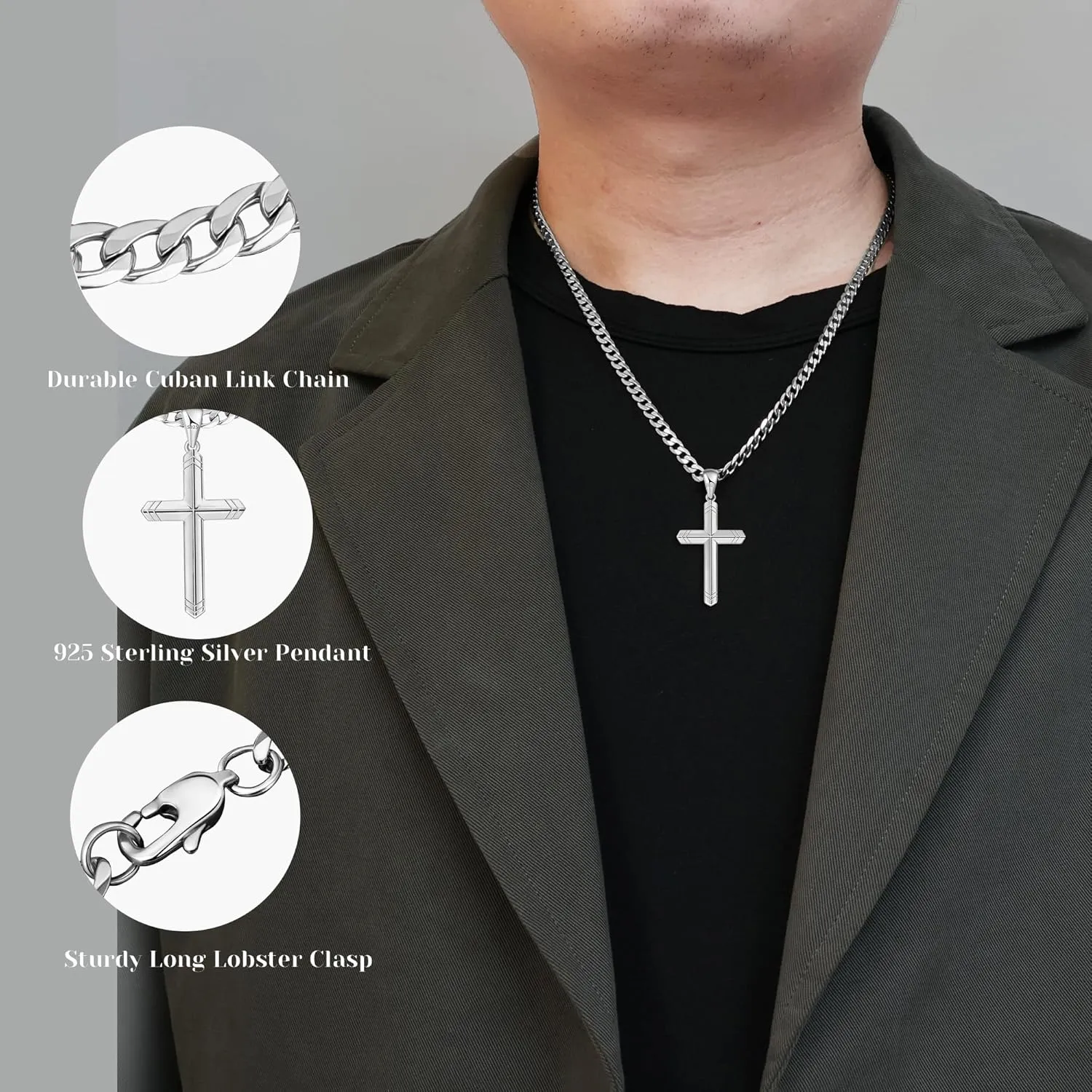 925 Sterling Silver Cross Necklace for Men, 18k Gold Over Real Silver Cross Pendant Necklace with 4.5MM Durable Stainless Steel Cuban Link Curb Chain Shiny Cross Necklaces 16-28 Inches