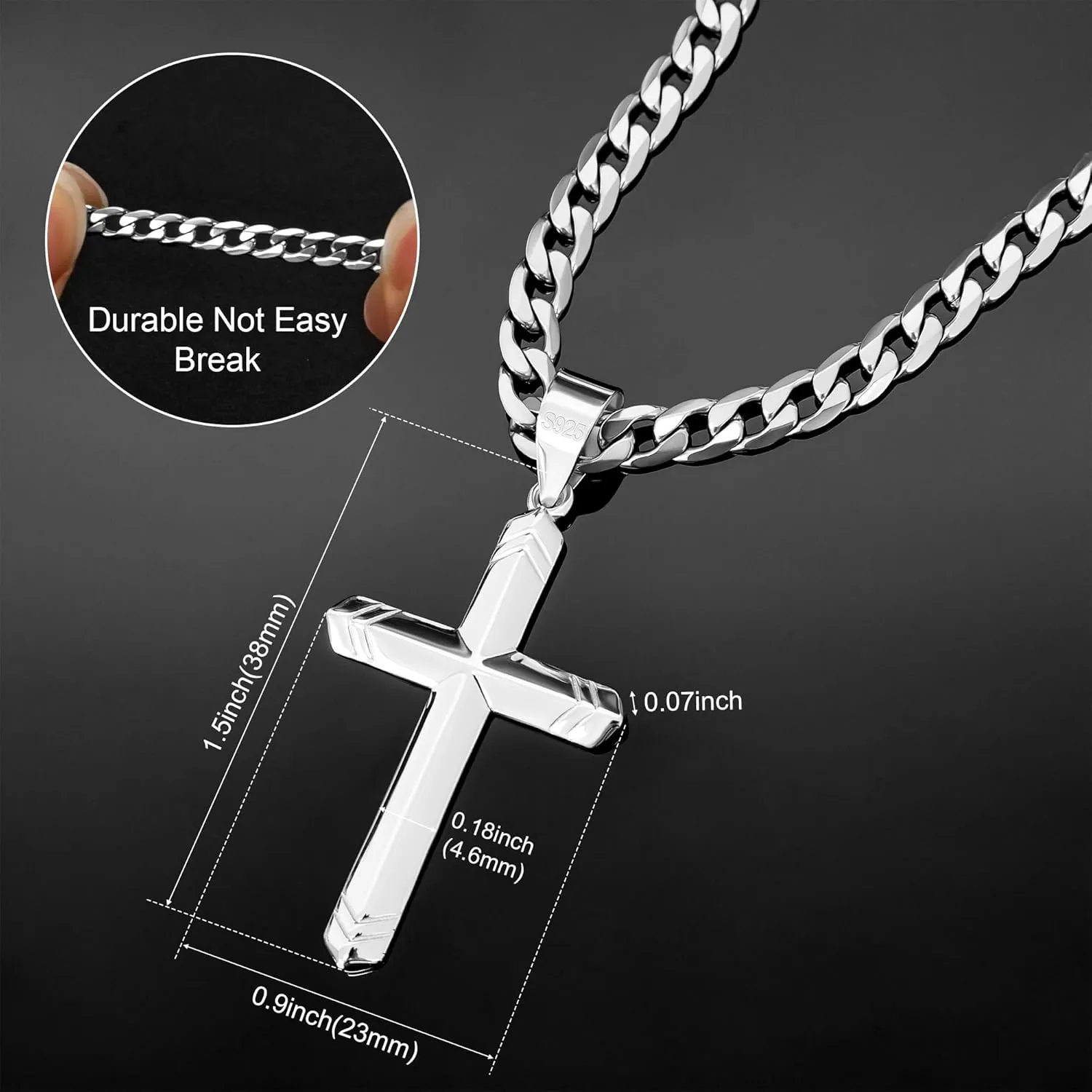 925 Sterling Silver Cross Necklace for Men, 18k Gold Over Real Silver Cross Pendant Necklace with 4.5MM Durable Stainless Steel Cuban Link Curb Chain Shiny Cross Necklaces 16-28 Inches