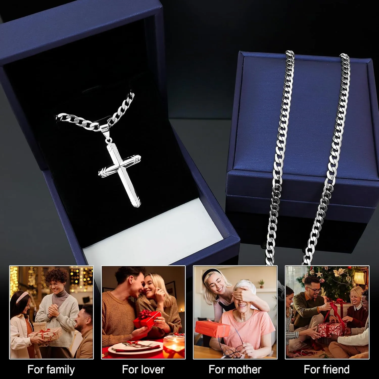 925 Sterling Silver Cross Necklace for Men, 18k Gold Over Real Silver Cross Pendant Necklace with 4.5MM Durable Stainless Steel Cuban Link Curb Chain Shiny Cross Necklaces 16-28 Inches