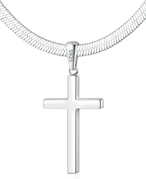 925 Sterling Silver Cross Necklace for Women, Womens Sterling Silver Cross Pendant Necklace with 4mm Real Silver Snake Chain, Womens Cross Necklaces Sturdy Shiny Non Tarnish 16-26 Inches