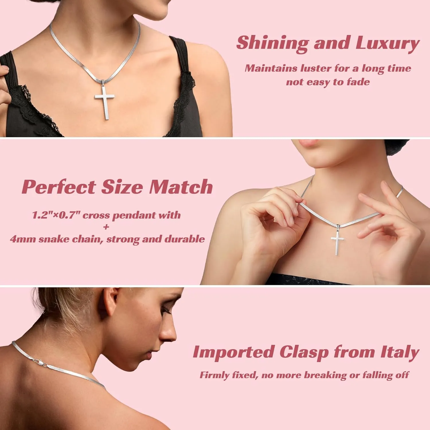 925 Sterling Silver Cross Necklace for Women, Womens Sterling Silver Cross Pendant Necklace with 4mm Real Silver Snake Chain, Womens Cross Necklaces Sturdy Shiny Non Tarnish 16-26 Inches