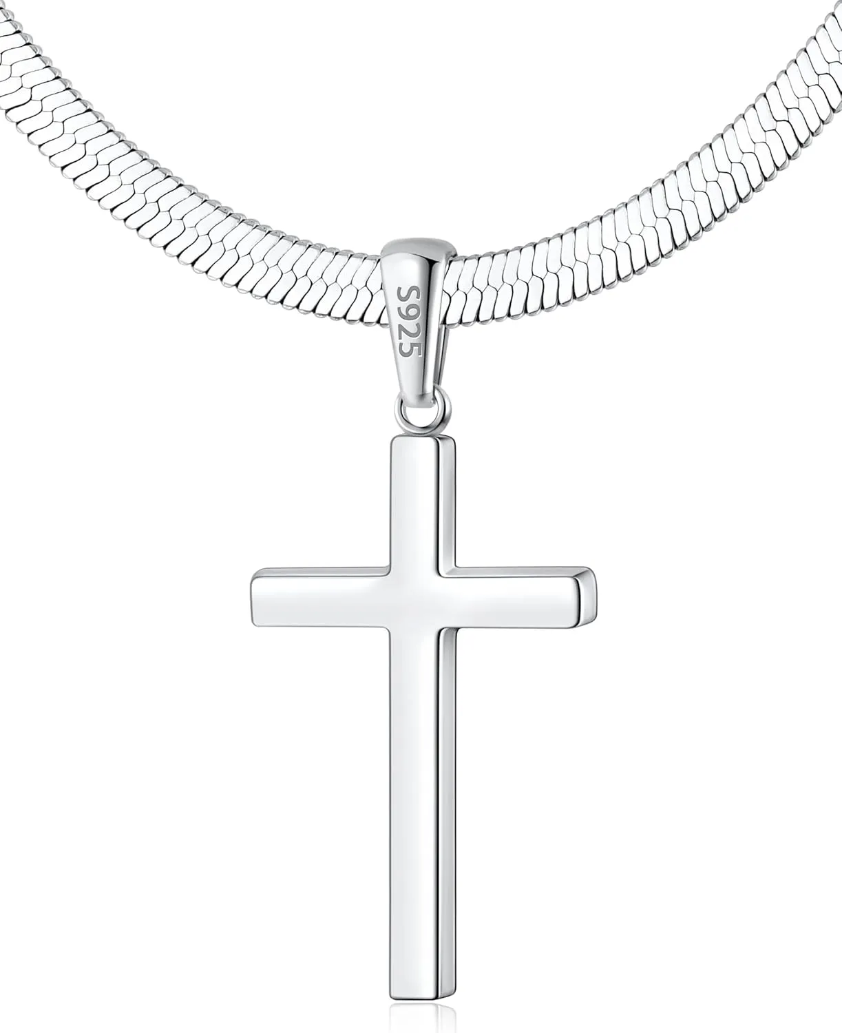 925 Sterling Silver Cross Necklace for Women, Womens Sterling Silver Cross Pendant Necklace with 4mm Real Silver Snake Chain, Womens Cross Necklaces Sturdy Shiny Non Tarnish 16-26 Inches