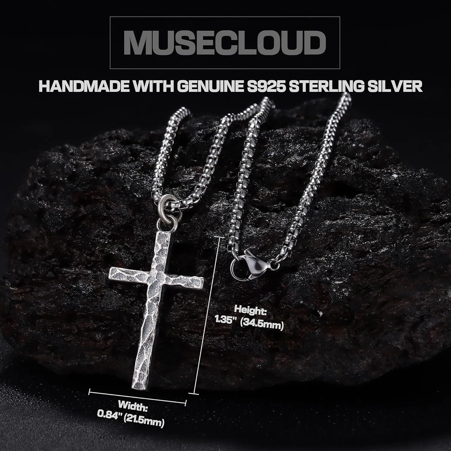 925 Sterling Silver Cross Necklace Men - Oxidized Sterling Silver Cross Pendant with Stainless Steel Box Chain Vintage Unique Crucifix Necklaces Silver Jewelry for Mens Women 18-24 Inches