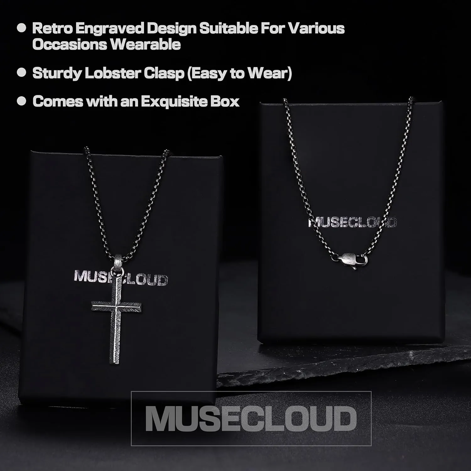 925 Sterling Silver Cross Necklace Men - Oxidized Sterling Silver Cross Pendant with Stainless Steel Box Chain Vintage Unique Crucifix Necklaces Silver Jewelry for Mens Women 18-24 Inches