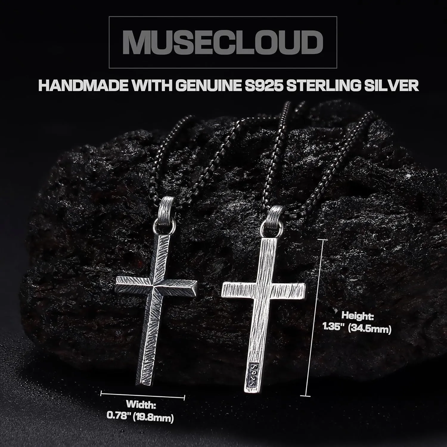 925 Sterling Silver Cross Necklace Men - Oxidized Sterling Silver Cross Pendant with Stainless Steel Box Chain Vintage Unique Crucifix Necklaces Silver Jewelry for Mens Women 18-24 Inches