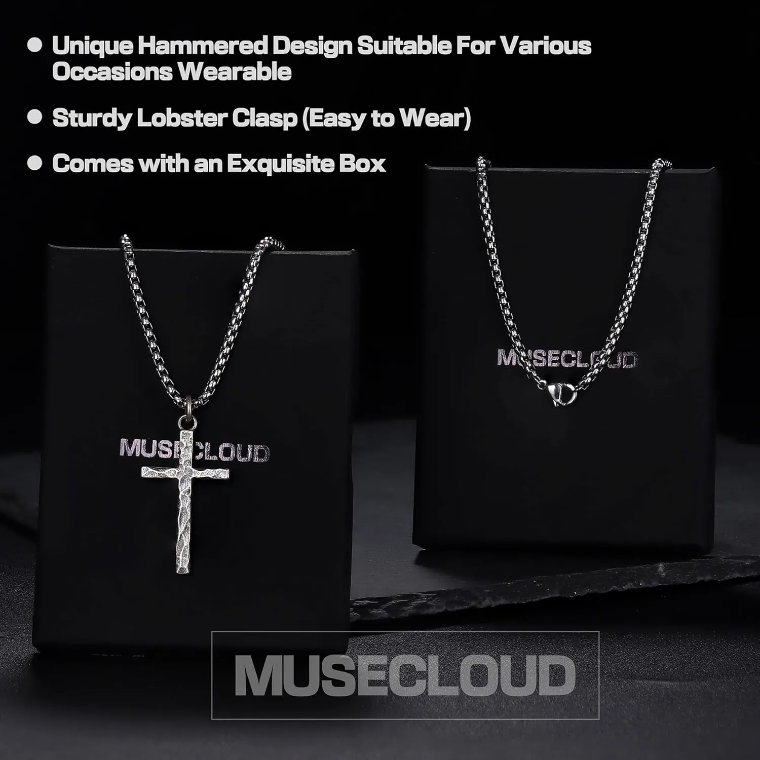 925 Sterling Silver Cross Necklace Men - Oxidized Sterling Silver Cross Pendant with Stainless Steel Box Chain Vintage Unique Crucifix Necklaces Silver Jewelry for Mens Women 18-24 Inches