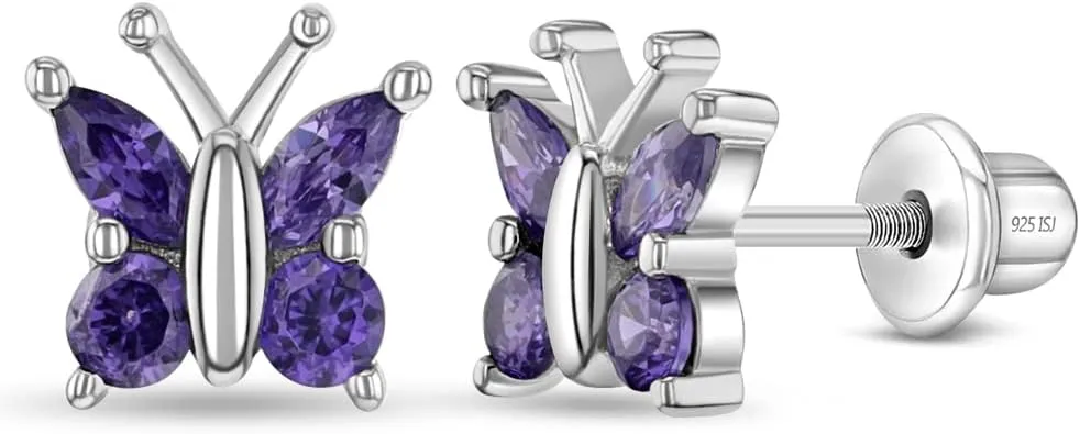 925 Sterling Silver Cubic Zirconia Butterfly Screw Back Earrings for Little Girls & Teens - Eye-catching and Fashionable Safety Stud Earrings - Sparkly and Elegant Jewelry for Girls