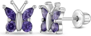925 Sterling Silver Cubic Zirconia Butterfly Screw Back Earrings for Little Girls & Teens - Eye-catching and Fashionable Safety Stud Earrings - Sparkly and Elegant Jewelry for Girls