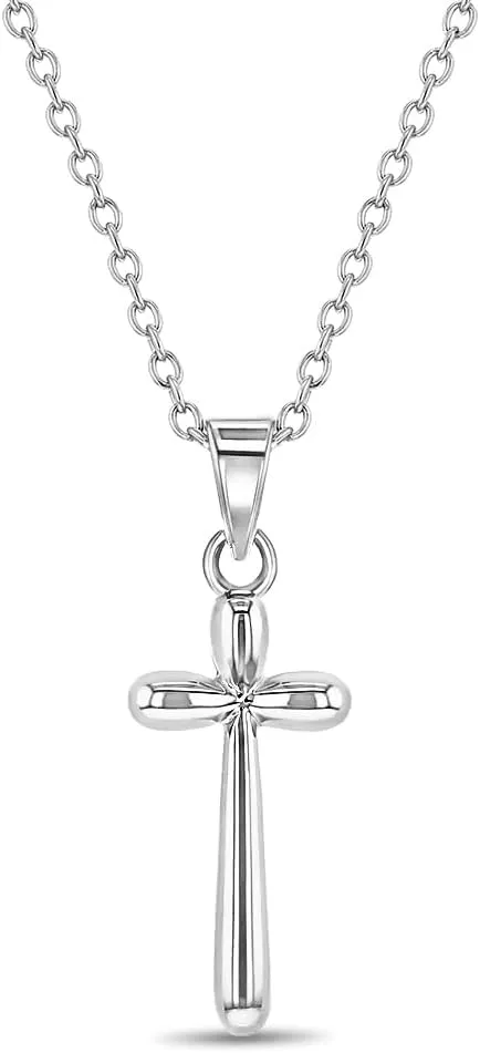 925 Sterling Silver Girl's 16" Round Edge Plain Stick Cross Pendant Necklace - Shiny Rounded Cross Charm Necklaces for Children & Preteens - Classic Religious Petite Cross Jewelry for Little Girls