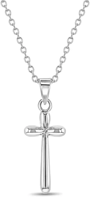 925 Sterling Silver Girl's 16" Round Edge Plain Stick Cross Pendant Necklace - Shiny Rounded Cross Charm Necklaces for Children & Preteens - Classic Religious Petite Cross Jewelry for Little Girls