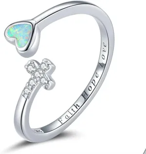 925 Sterling Silver Rings, Love Cross Opal Heart Faith Hope Love Open Adjustable Finger Rings for Women Simple Jewelry
