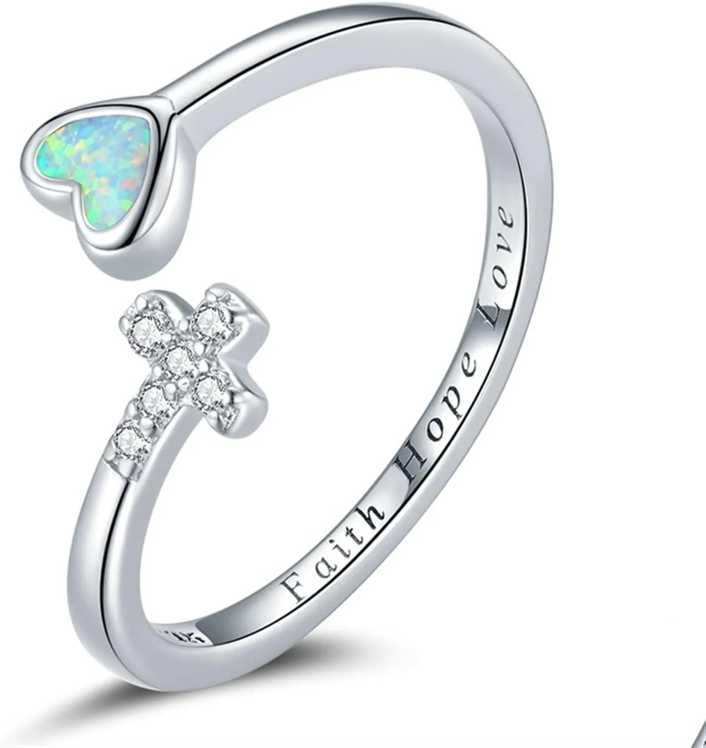 925 Sterling Silver Rings, Love Cross Opal Heart Faith Hope Love Open Adjustable Finger Rings for Women Simple Jewelry