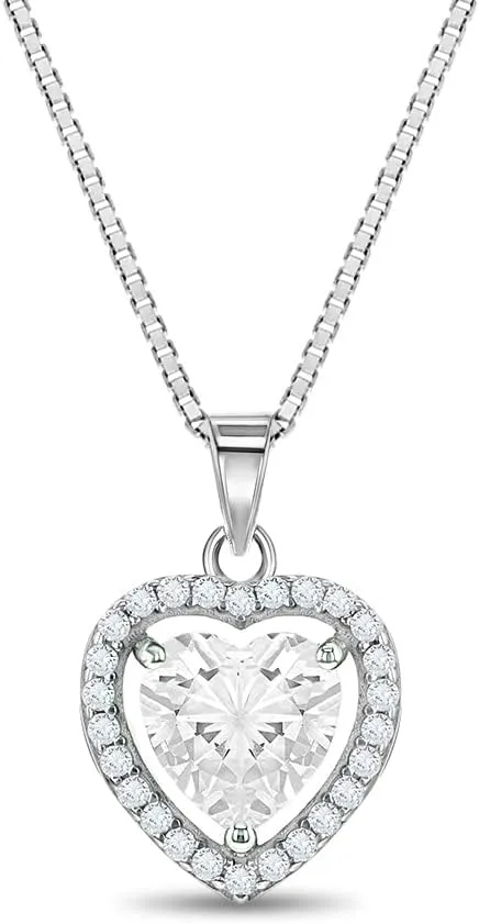 925 Sterling Silver Tiny Heart & Round Cubic Zirconia Pendant Necklaces for Young Girls - Lovely Shape Charm Necklaces for Little Girls & Preteens - Shiny Beautiful CZ Pendant Necklace for Children