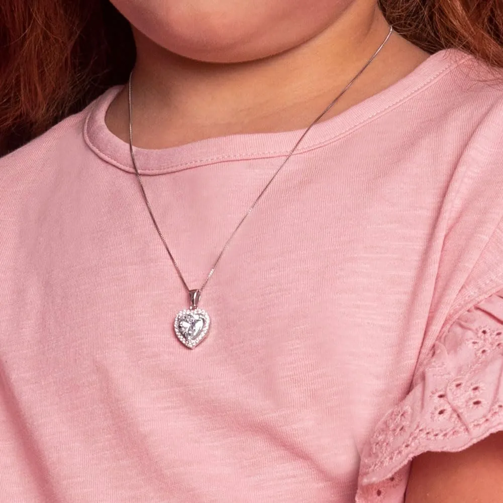 925 Sterling Silver Tiny Heart & Round Cubic Zirconia Pendant Necklaces for Young Girls - Lovely Shape Charm Necklaces for Little Girls & Preteens - Shiny Beautiful CZ Pendant Necklace for Children