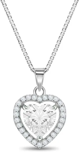 925 Sterling Silver Tiny Heart & Round Cubic Zirconia Pendant Necklaces for Young Girls - Lovely Shape Charm Necklaces for Little Girls & Preteens - Shiny Beautiful CZ Pendant Necklace for Children