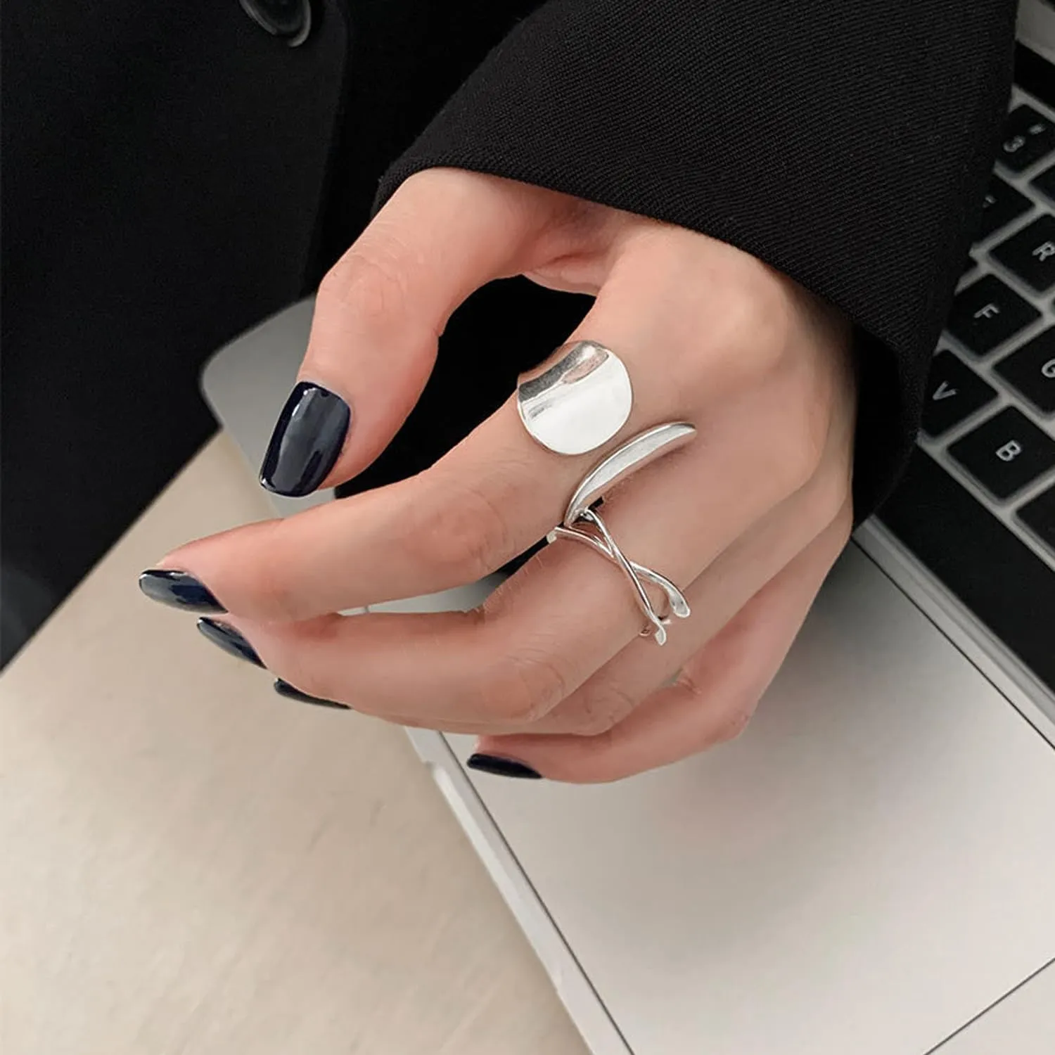 925 Sterling Silver Wide Band Ring Simple Handmade Hammered Chunky Statement Rings Adjustable Boho Thumb Ring for Women Men