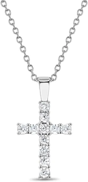 925 Sterling Silver Young Girl's 19" Small Clear Cubic Zirconia Cross Necklace - Prong Set CZ Cross Pendant Necklaces for Children & Teens - Shiny & Elegant Religious Girls Charm Protection Jewelry