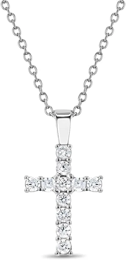 925 Sterling Silver Young Girl's 19" Small Clear Cubic Zirconia Cross Necklace - Prong Set CZ Cross Pendant Necklaces for Children & Teens - Shiny & Elegant Religious Girls Charm Protection Jewelry