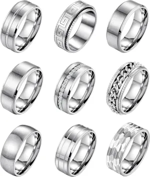 9Pcs 8MM Stainless Steel Band Rings for Men Women Chain Rings Simple Brushed Wedding Engagement Rings Set 7-13
